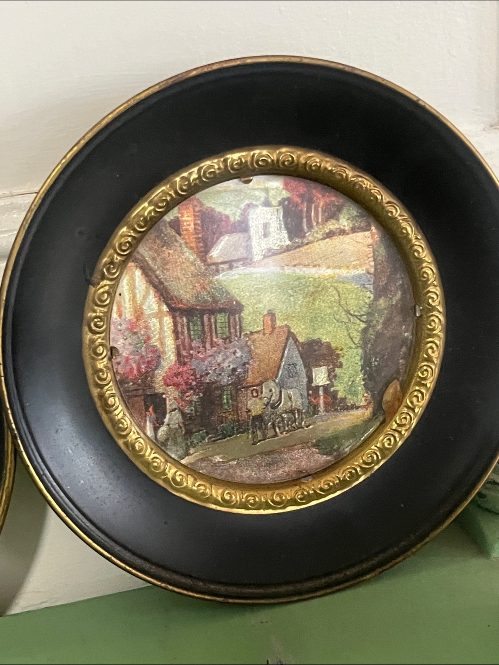 Brass Gold tone Miniature Landscape Scenic Wall Plate Paintings w/ Foil England - Picture 3 of 10
